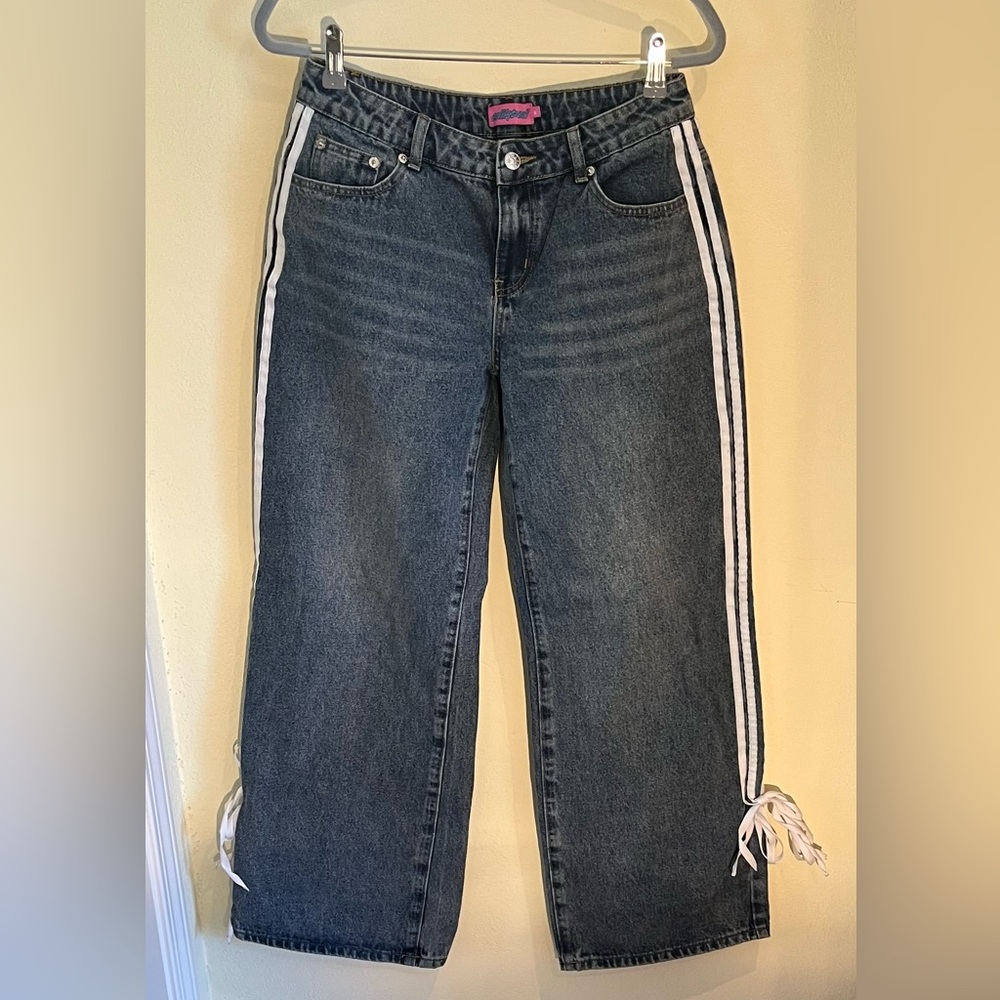 Edikted Women's Wide-Leg Blue Denim Jeans Button Zip Pockets Stripes Bows 28x29
